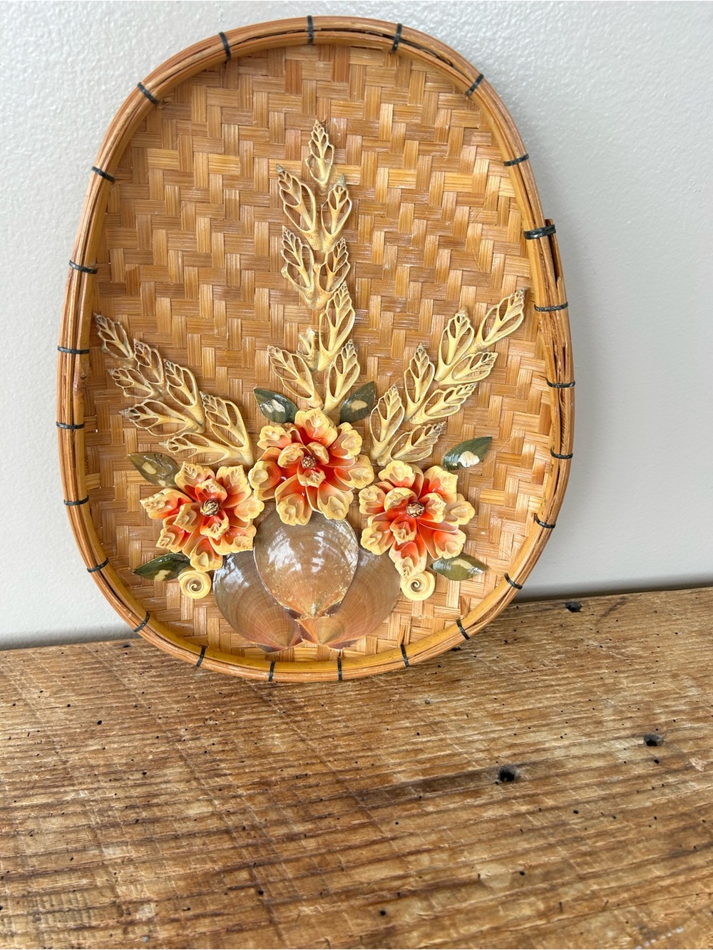 VTG Capiz Shell Flower Wall Art MCM Boho Bamboo Plaque/Basket